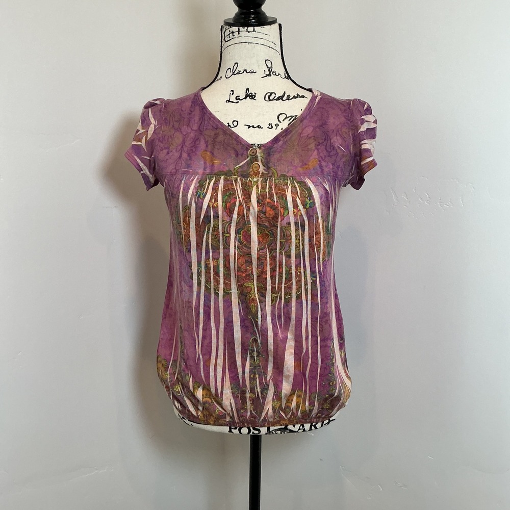 Vintage‎ Suzie Top Purple Floral Print Blouse Boho Short Sleeve Small S
